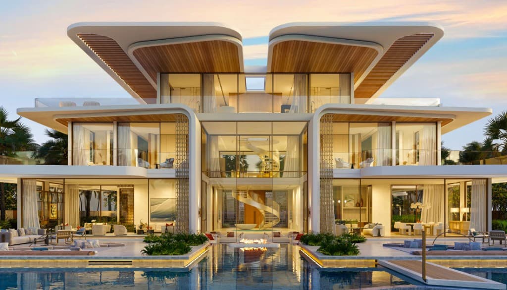 Luxury modern villa with infinity pool at sunset